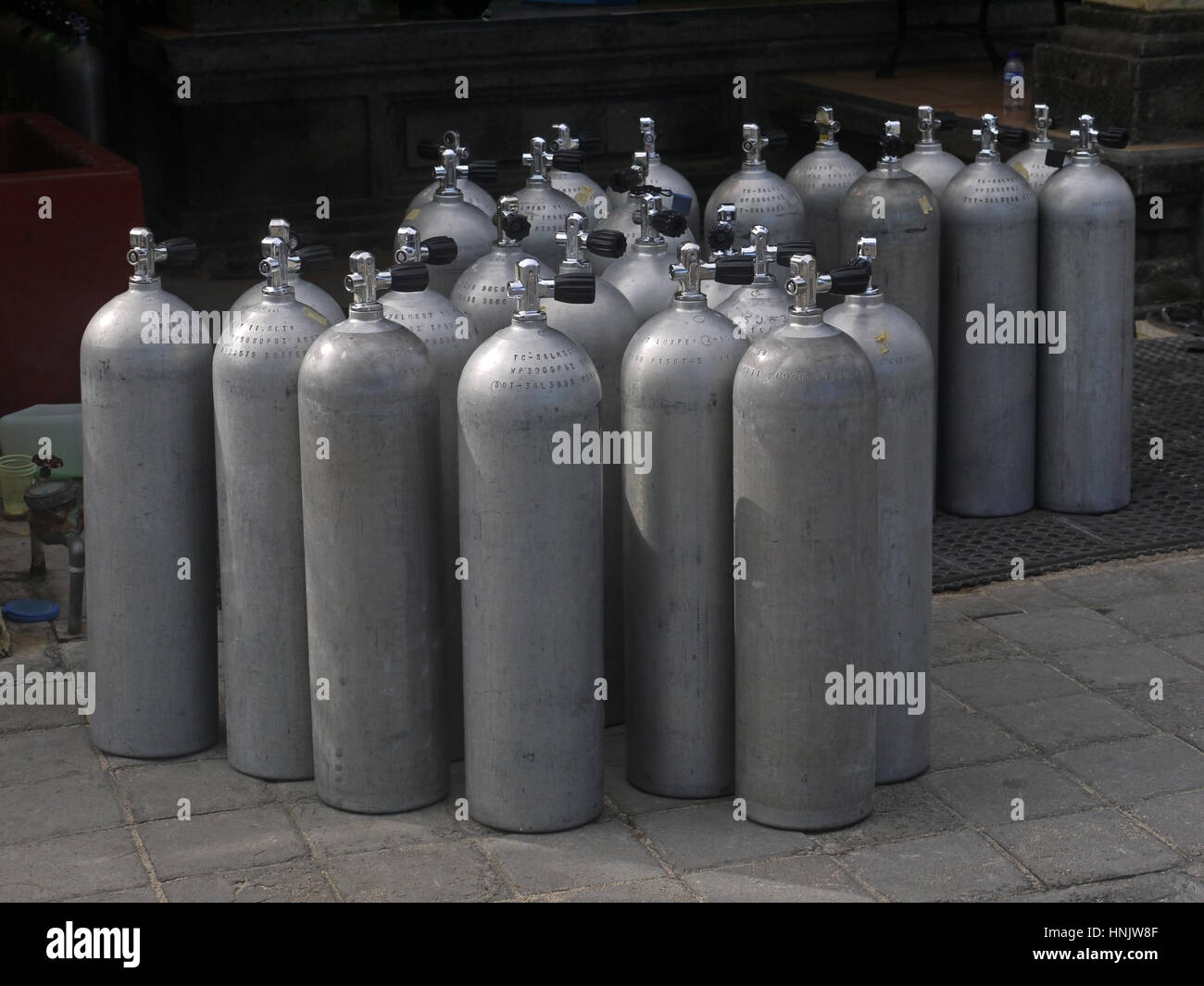 Compressed air tanks (cylinders with oxygen) for scuba diving. Bali, Indonesia Stock Photo