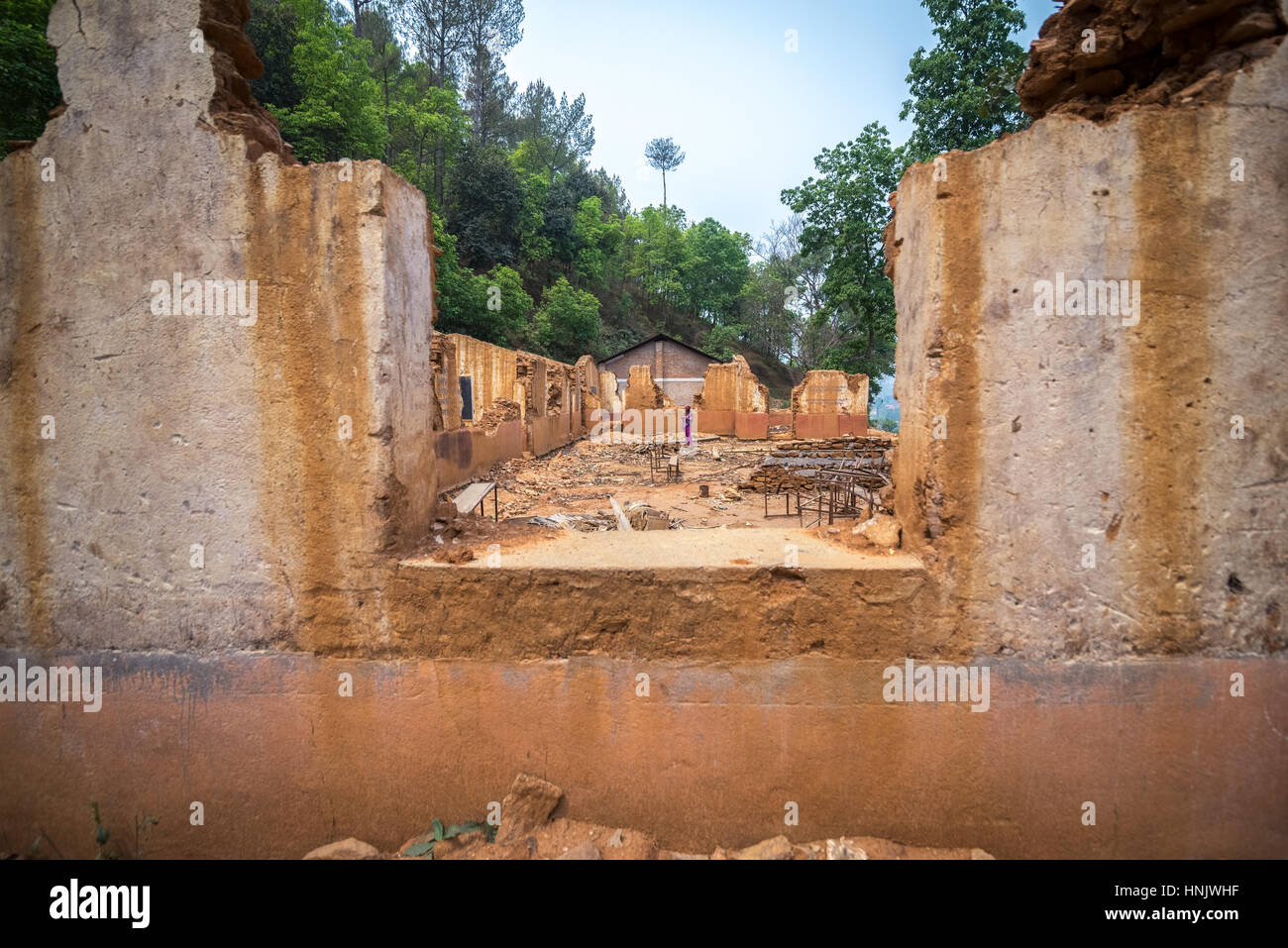 The remains of a school building destroyed by the 2015 earthquake in the outskirts of Dhulikhel, Kavrepalanchowk, Nepal. Stock Photo