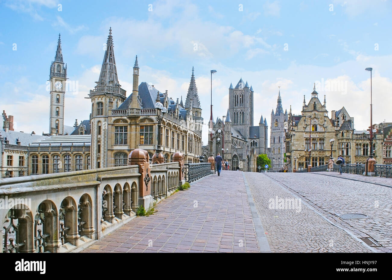 The Sint-Michielsbrug bridge is the nice place to enjoy the landmarks of Ghent, such as medieval mansions, St Nicholas Church and Belfort van Gent (Be Stock Photo