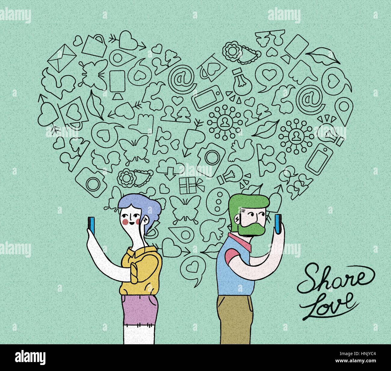 Social media love concept illustration. Young man and woman on smart phone with outline icons in heart shape over grainy textured background. EPS10 ve Stock Vector