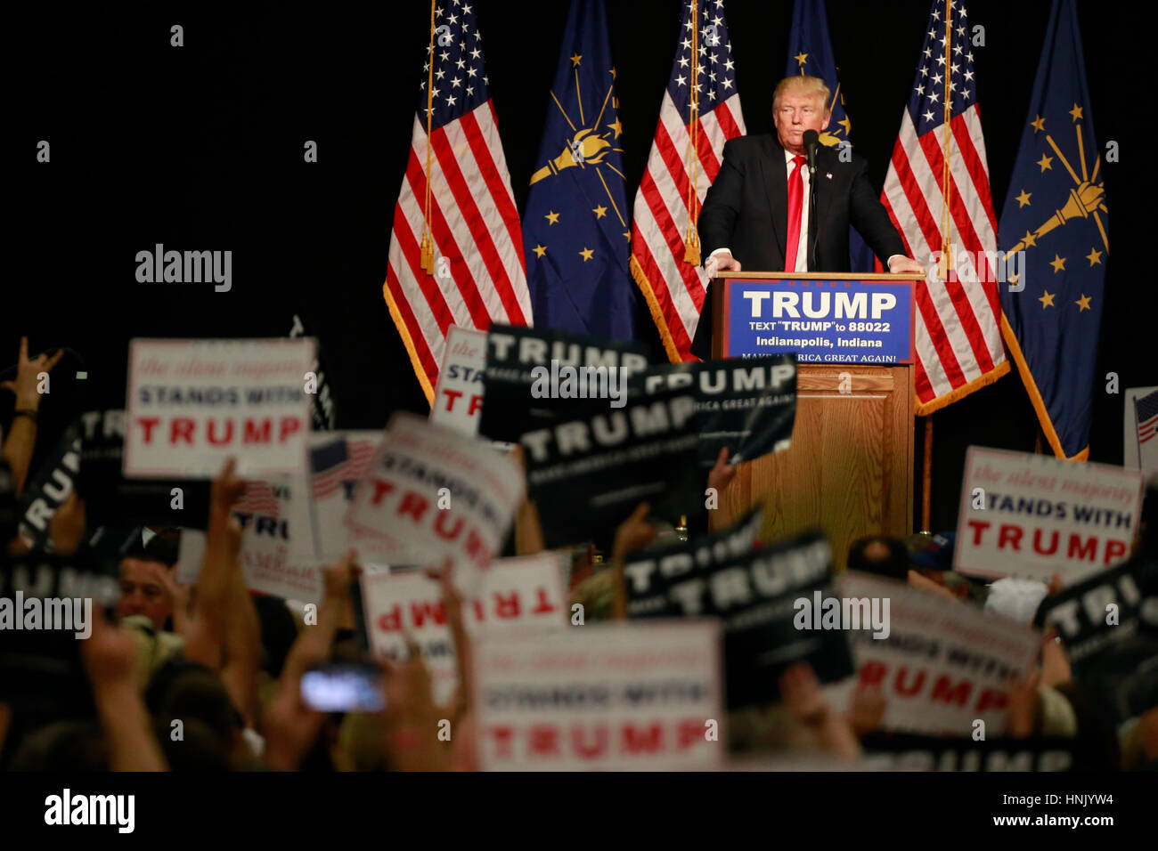 04202016 - Indianapolis, Indiana, USA: United States presidential candidate Donald Trump campaigns to Hoosiers during his rally at the Indiana State Fairgrounds in Indianapolis, Ind., during the Indiana Primary. Stock Photo