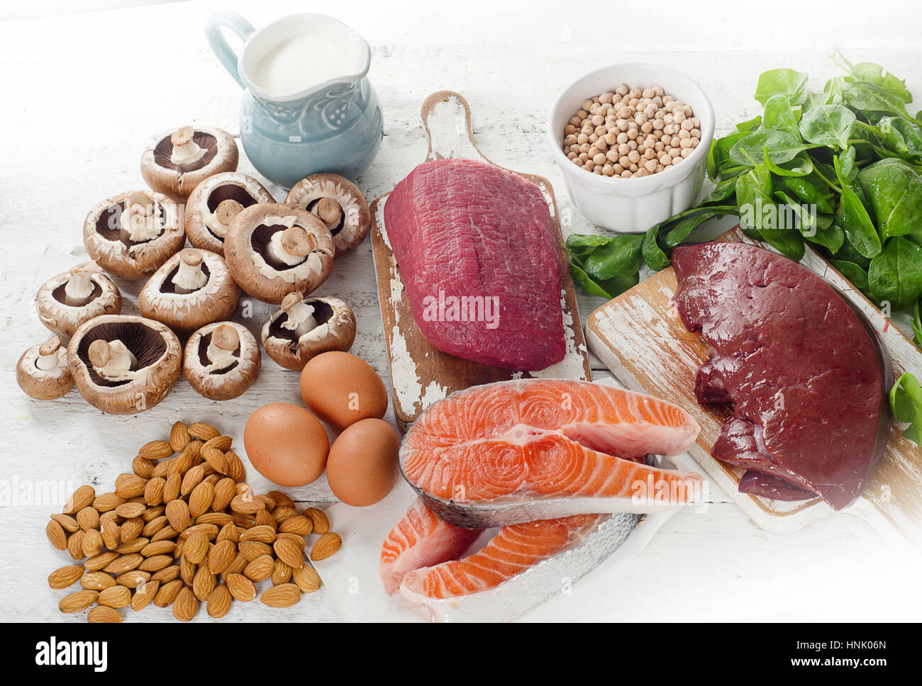 Foods Highest in Natural Vitamin B2. Healthy diet food. Top view Stock