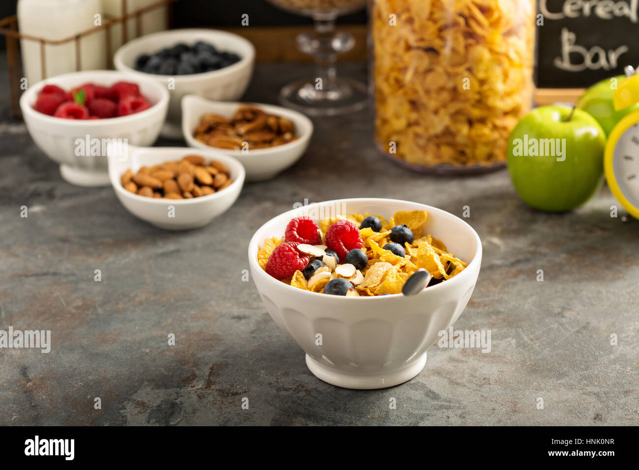 Breakfast cereal bar or buffet wih variety of cereals, fruit and nuts