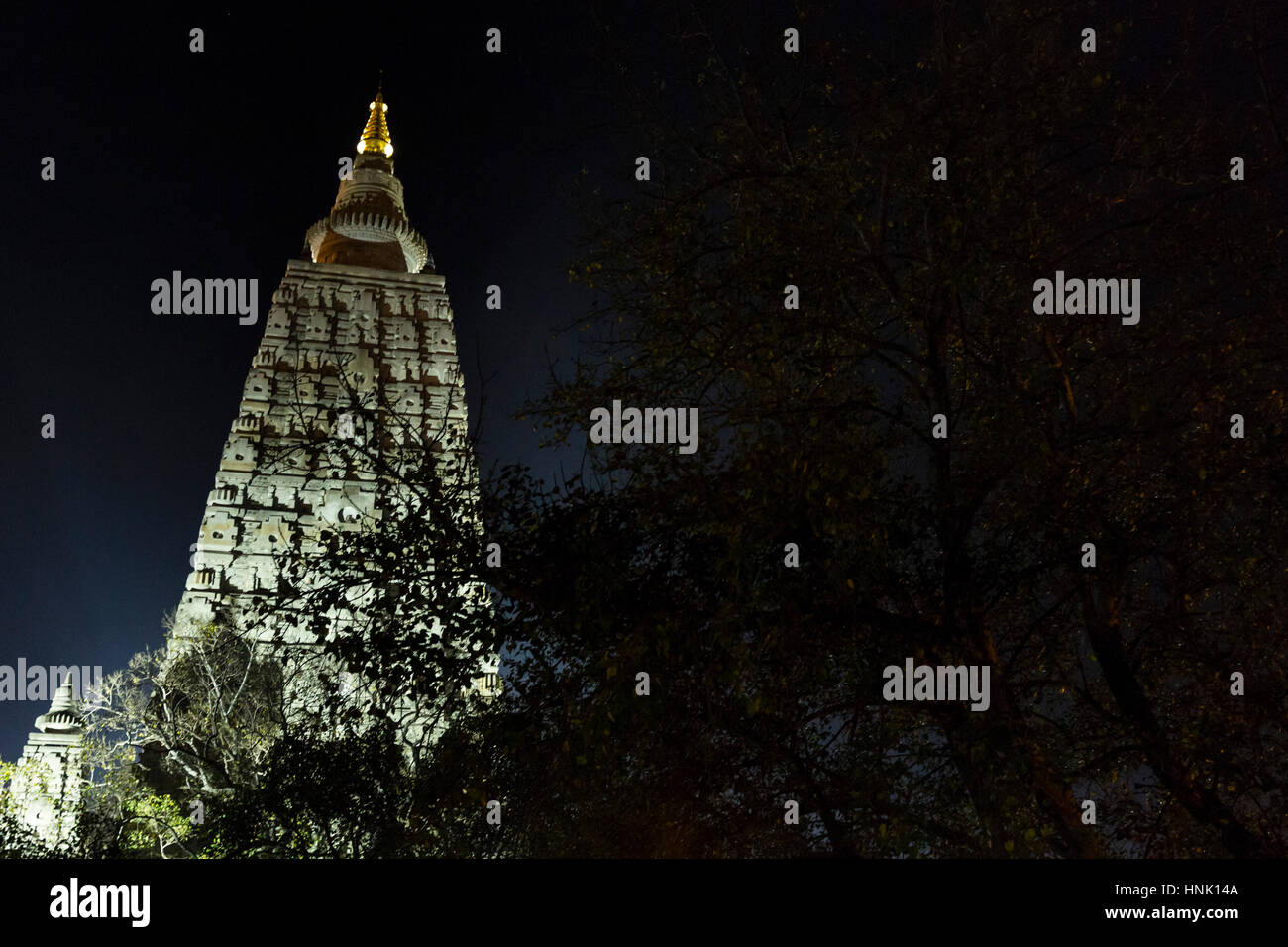 Mahabodhi Temple by night, Bodhgaya, India Stock Photo