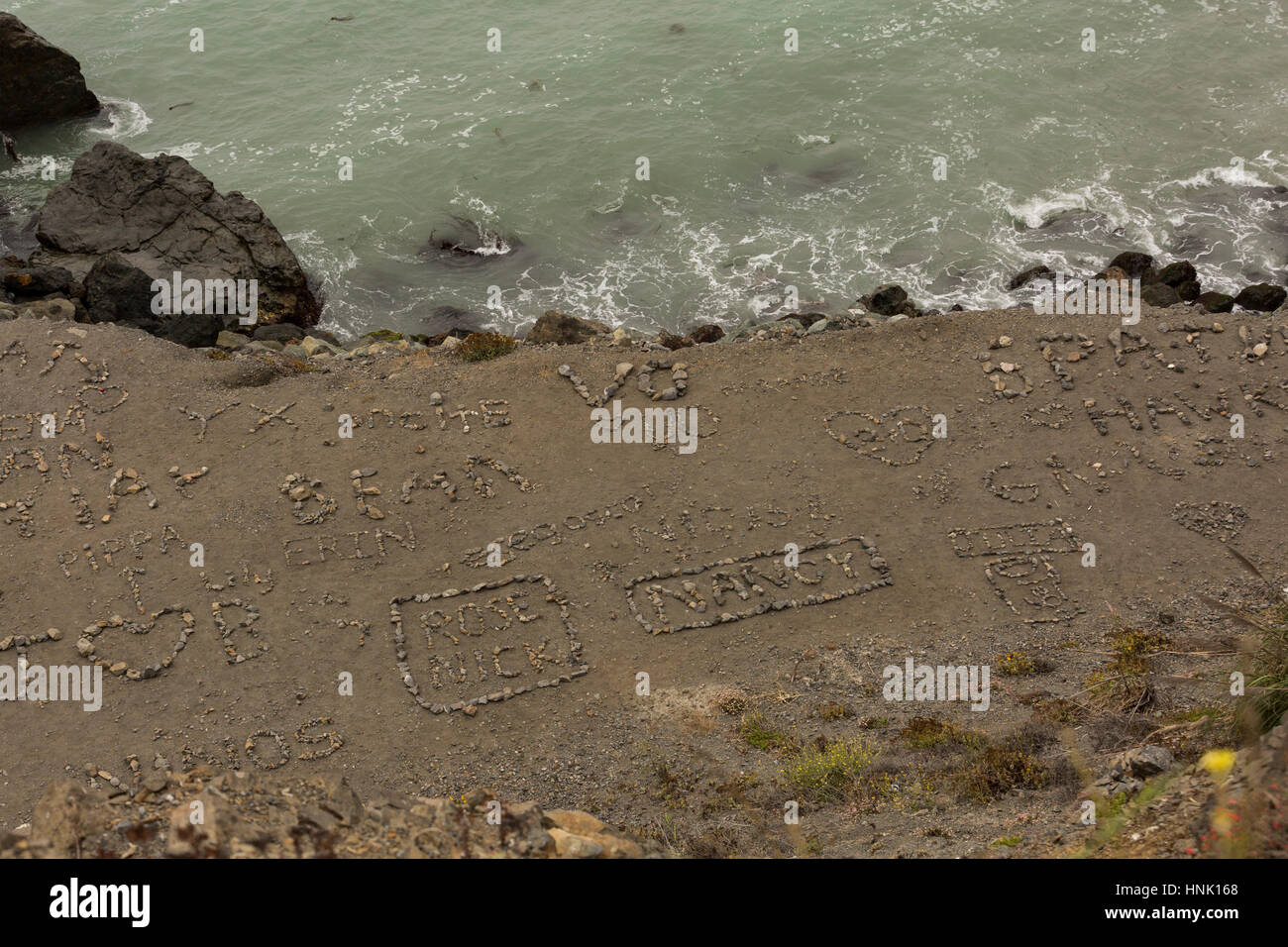 Names and messages of love on the beach. Big Sur. Aug, 2016. California, U.S.A. Stock Photo