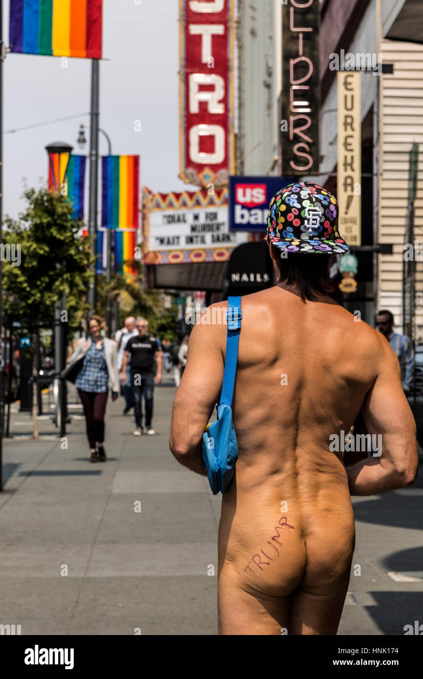 Nude man walking in the Castro District. Aug, 2016. San Francisco, California, U.S.A. Stock Photo