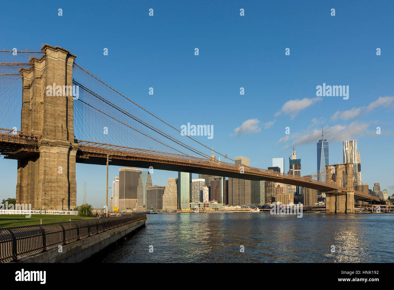 Downtown Manhattan and Brooklyn Bridge Skyline, view from Brooklyn Bridge Park. Aug, 2016. New York City, U.S.A. Stock Photo