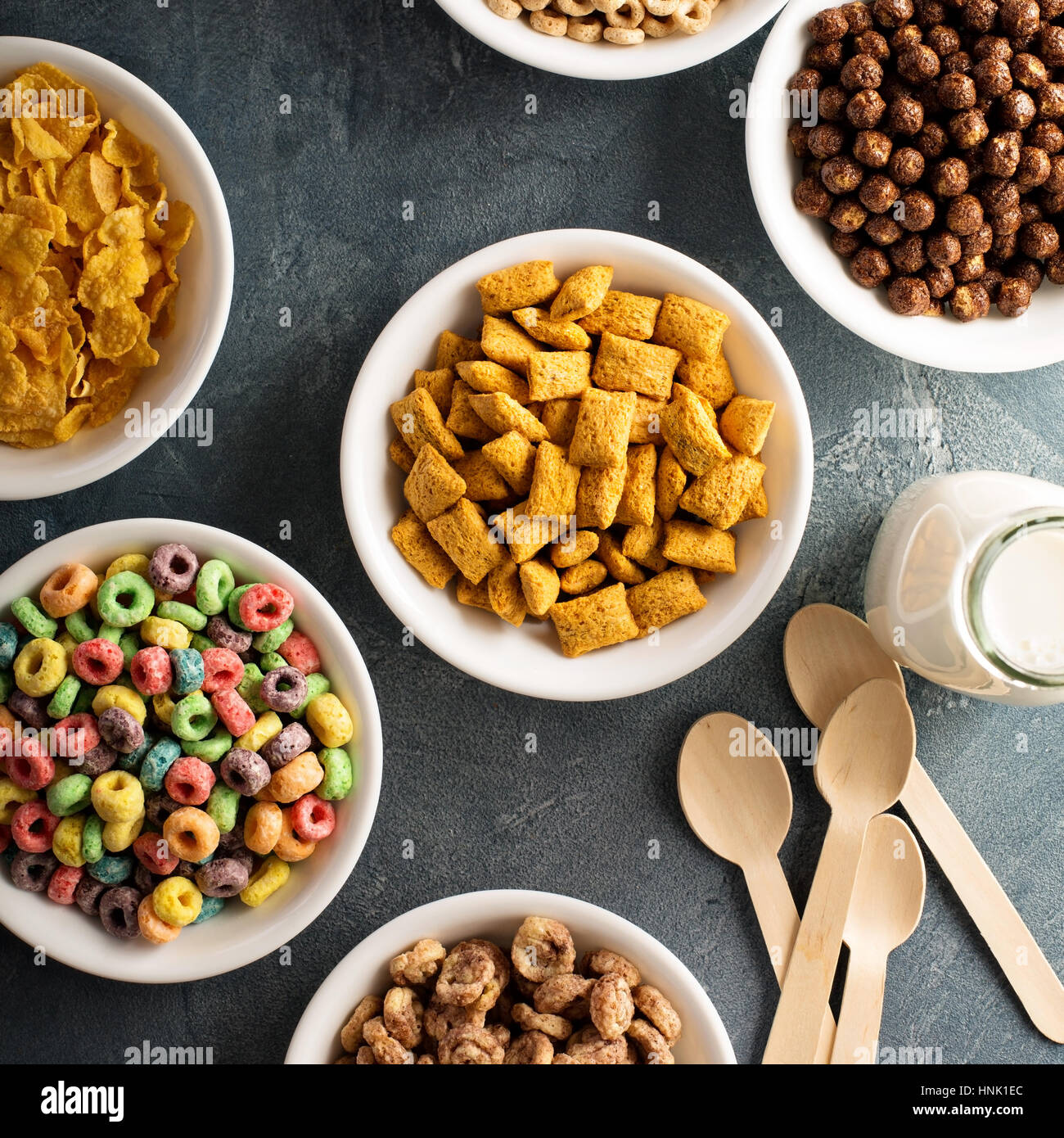 Variety of cold cereals in white bowls, quick breakfast for kids overhead shot Stock Photo Alamy