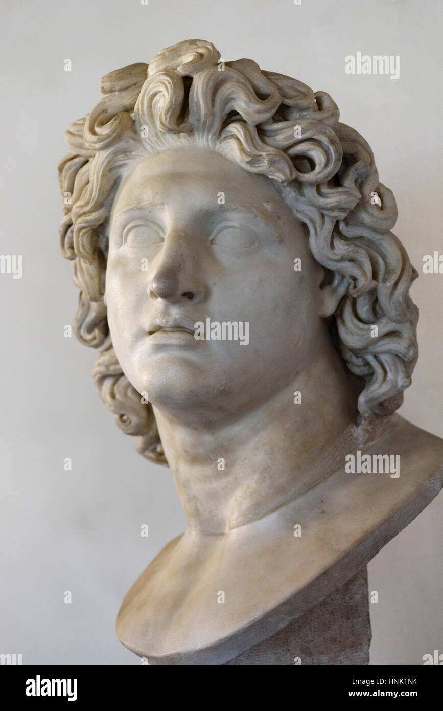 Rome. Italy. Marble portrait bust of Alexander the Great (356-323 BC) as the sun god Helios, Capitoline Museums. Musei Capitolini.  Roman copy after a Stock Photo