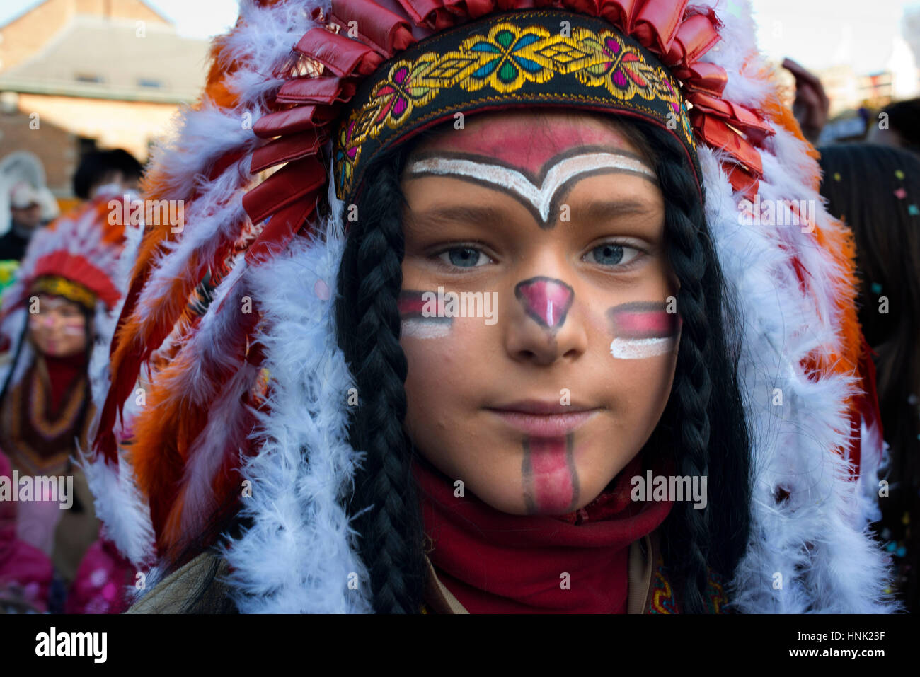 Indian costume. Music, dance, party and costumes in Binche Carnival. Ancient and representative cultural event of Wallonia, Belgium. Stock Photo