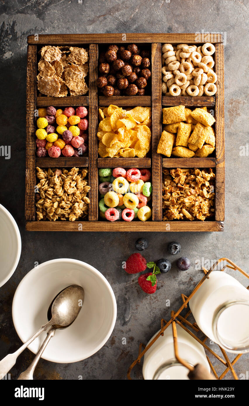 Variety of cold cereals in a wooden box, quick breakfast for kids overhead shot Stock Photo Alamy