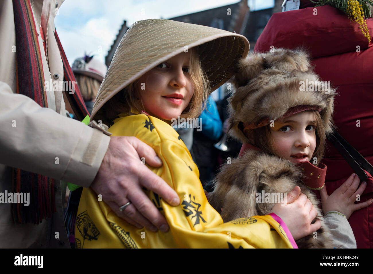 Music, dance, party and costumes in Binche Carnival. Ancient and representative cultural event of Wallonia, Belgium. Stock Photo