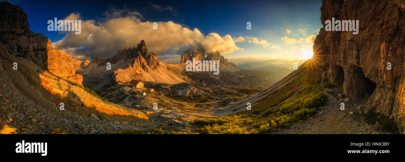 Sunset panorama at Tre Cime Di Lavaredo, Dolimites, Italy Stock Photo