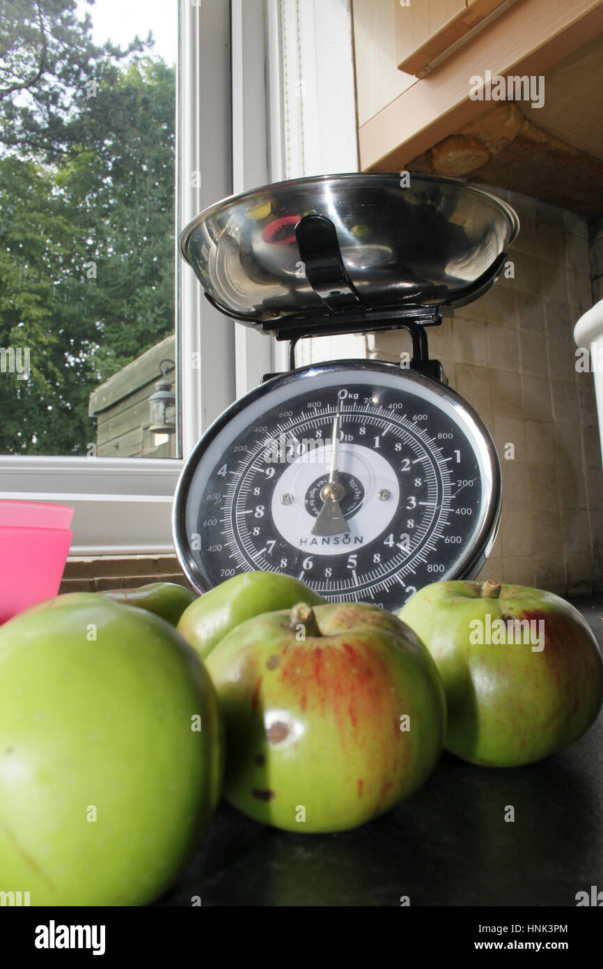 Apples on a kitchen scale Stock Photo - Alamy