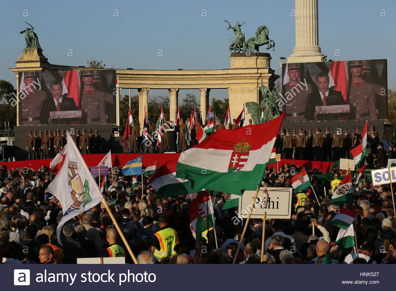 A large crowd listens to Viktor Orban speaking in Budapest, hungary Stock Photo