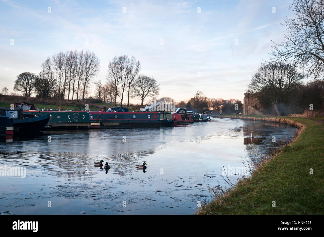A winter image of Narrowboats moored at Barnoldswick marina on the