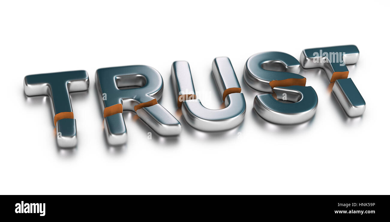 3D illustration of the word trust broken in two parts over white background, Business concept of untrusted company or unreliability. Stock Photo