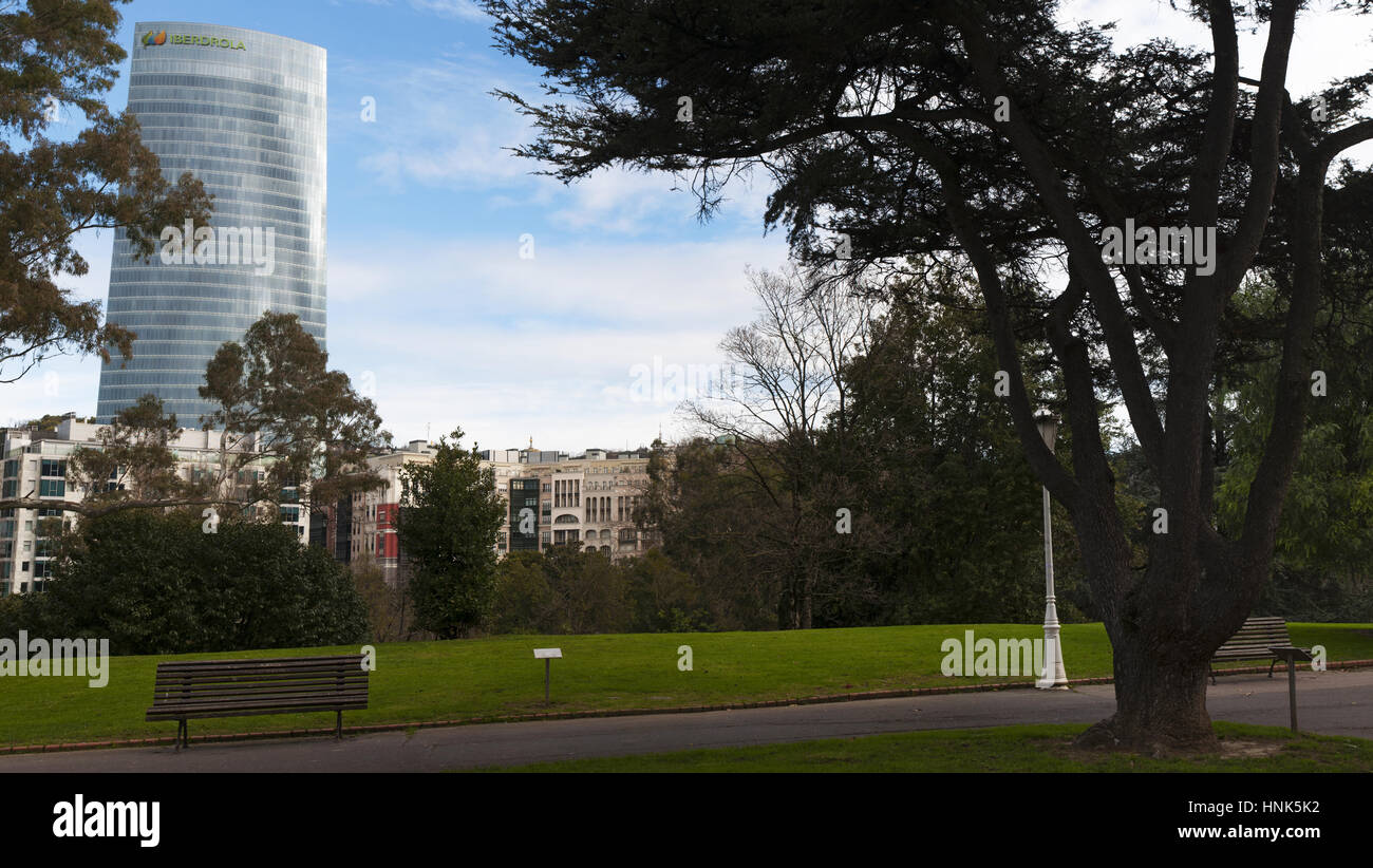 The skyline of Bilbao seen from Dona Casilda Iturrizar park, a public park created in 1907 and named after the benefactress Casilda Iturrizar Stock Photo