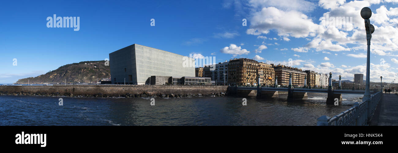 Skyline of Donostia San Sebastian, the coastal city on the Bay of Biscay, with view of the Kursaal Congress Centre and Auditorium and Kursaal Bridge Stock Photo