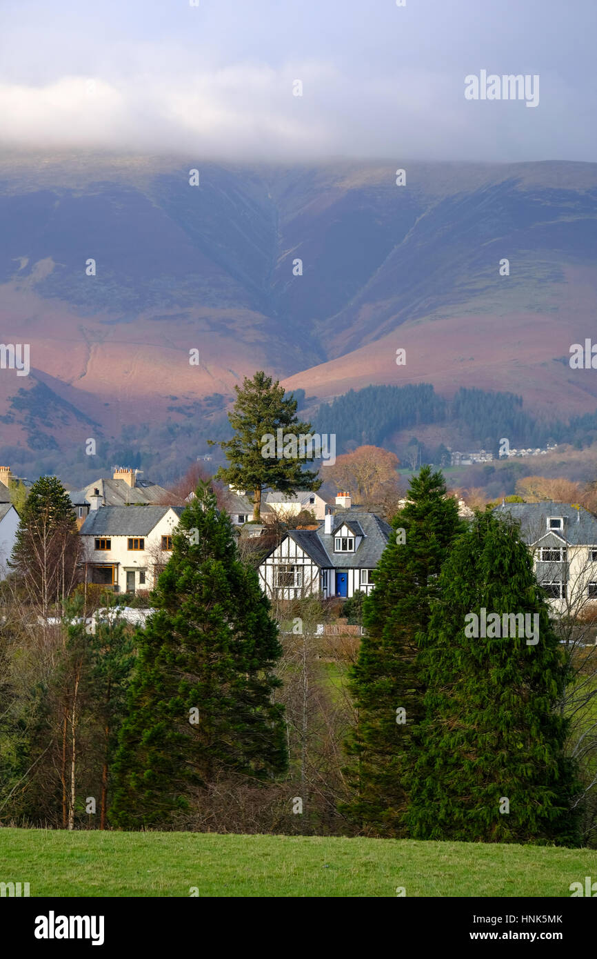 Keswick hotels and property with fells in the background. Stock Photo