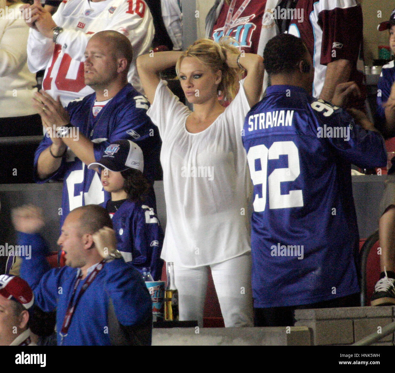 Pamela Anderson in the stands at Super Bowl XXLII in Glendale, AZ on Sunday, Feb. 3, 2008. Photo by Francis Specker Stock Photo