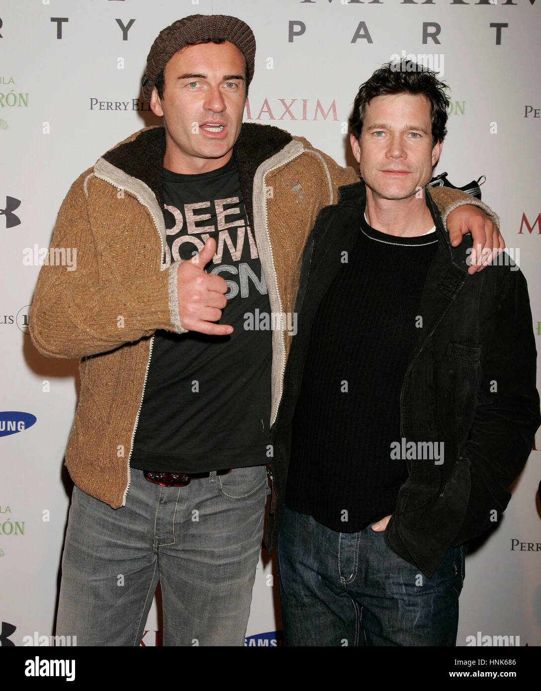 Julian McMahon, left, and Dylan Walsh arrives at the Maxim Super Bowl party at the Stone Rose at the Fairmont Scottsdale Princess in Scottsdale, AZ on Friday, Feb. 1, 2008. Photo by Francis Specker Stock Photo