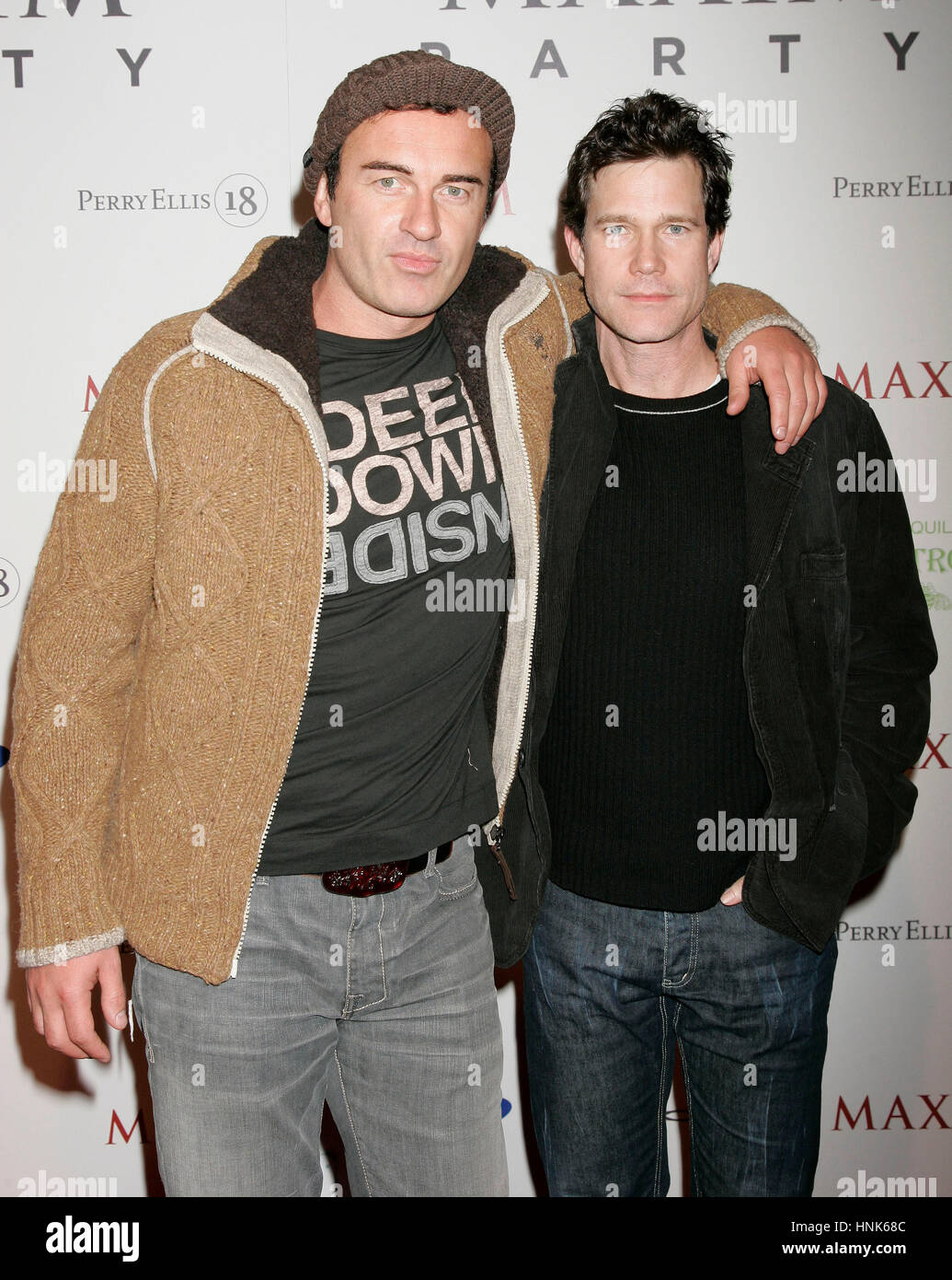 Julian McMahon, left, and Dylan Walsh arrives at the Maxim Super Bowl party at the Stone Rose at the Fairmont Scottsdale Princess in Scottsdale, AZ on Friday, Feb. 1, 2008. Photo by Francis Specker Stock Photo