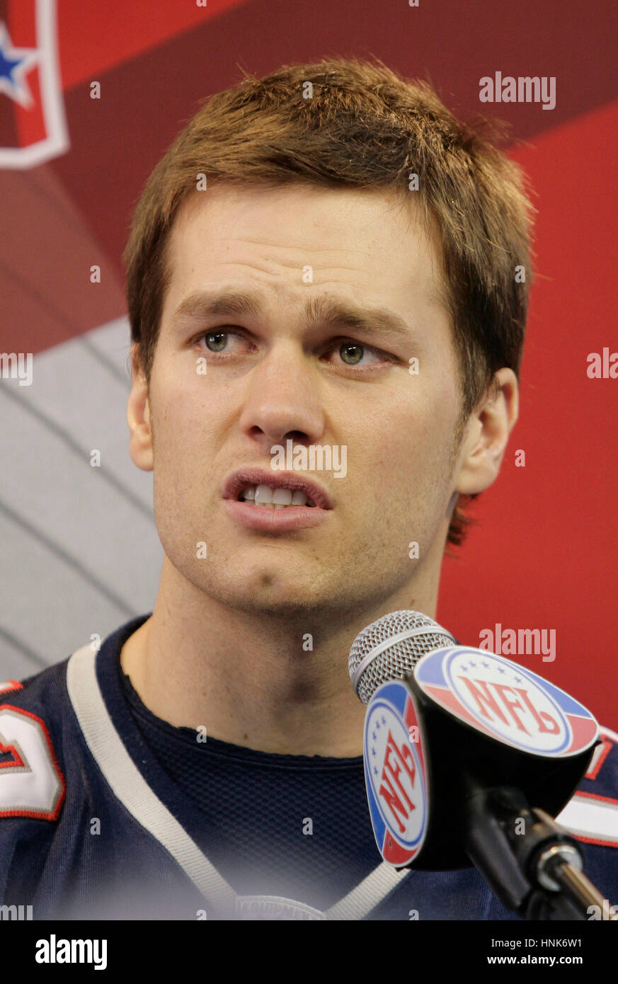 Patriots' quarterback Tom Brady is interviewed by media during Media Day  for Super Bowl XLII at the University of Phoenix Stadium in Glendale, AZ,  on Jan. 29, 2008. Photo by Francis Specker