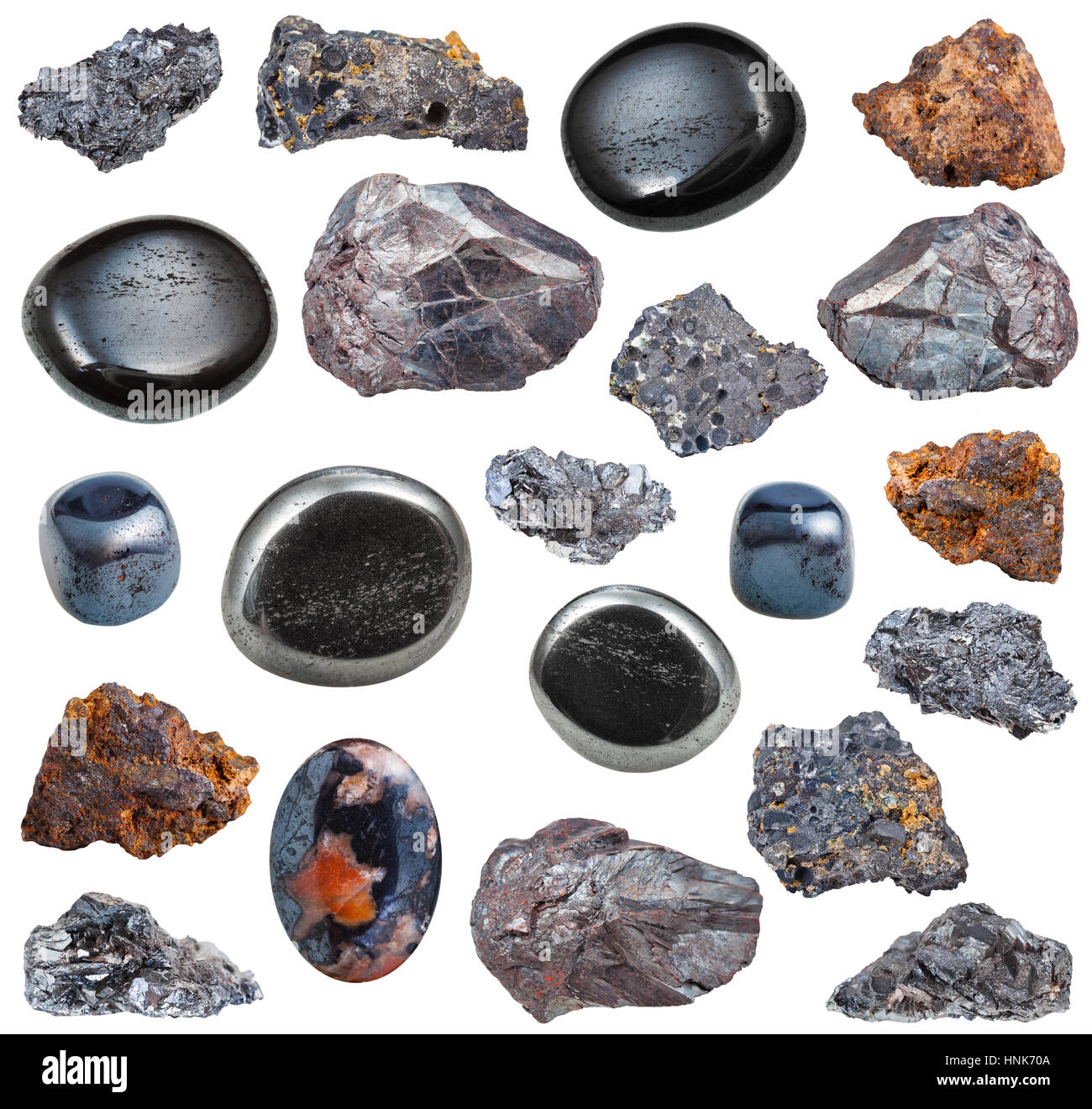 collection of various tumbled and raw hematite mineral stones isolated on  white background Stock Photo - Alamy