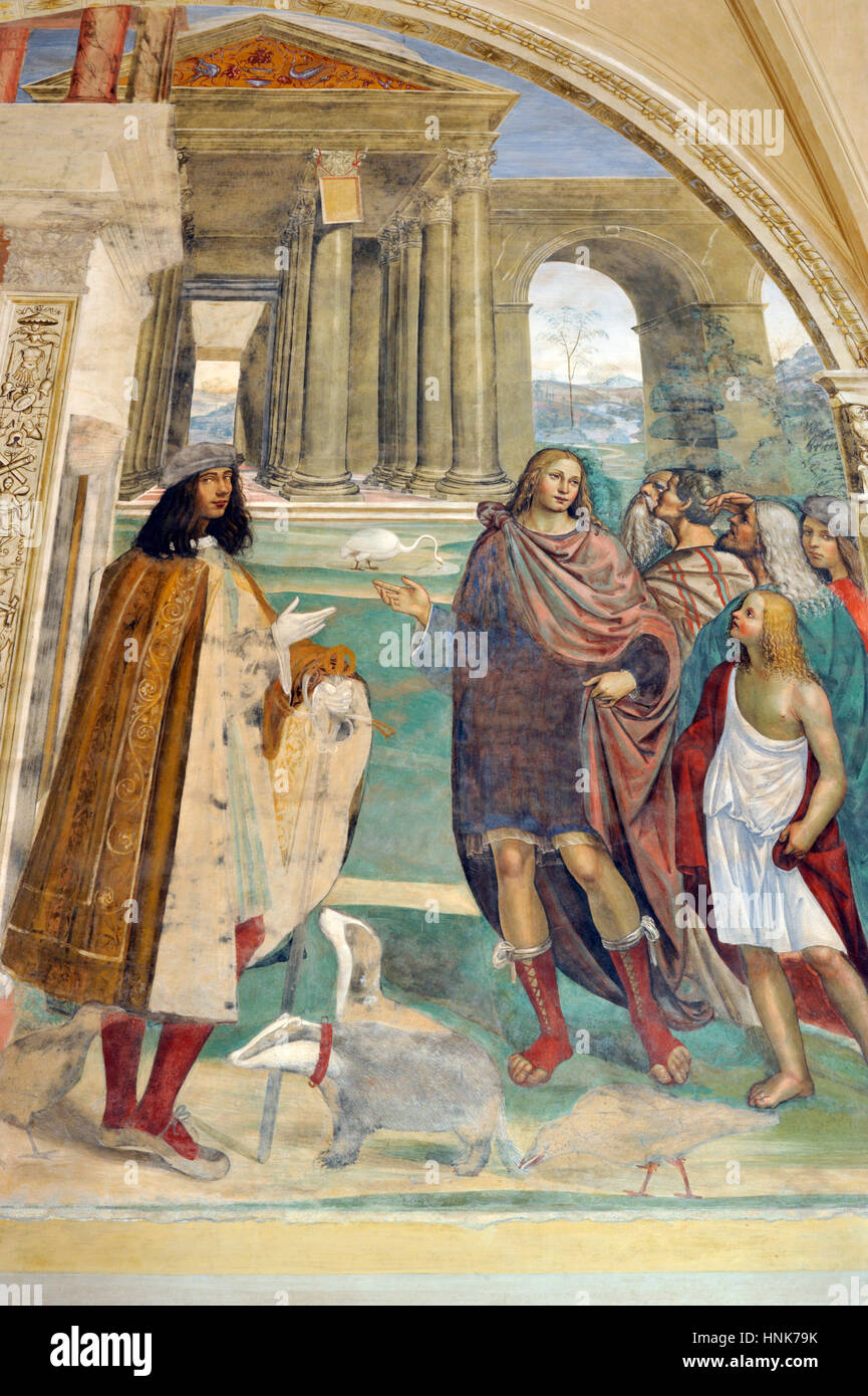 Renaissance frescos, st Benedict life, painting by Il Sodoma, Chiostro Grande (Great Cloister), Abbey of Monte Oliveto Maggiore, Tuscany, Italy Stock Photo