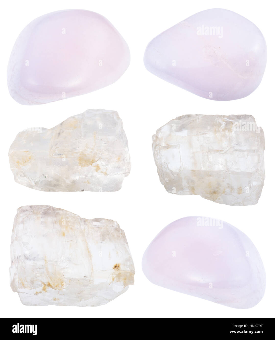 collection of pink polished and raw crysal petalite mineral stones isolated on white background Stock Photo