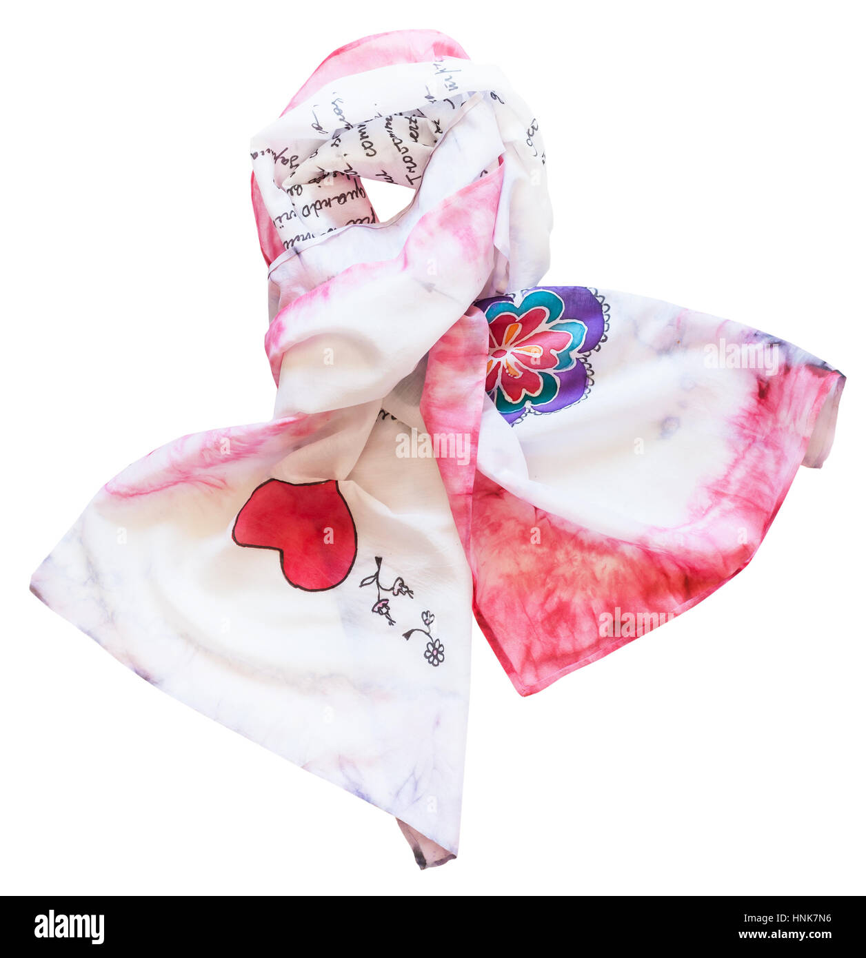 knotted silk scarf hand painted in cold batik technique with red heart isolated on white background Stock Photo