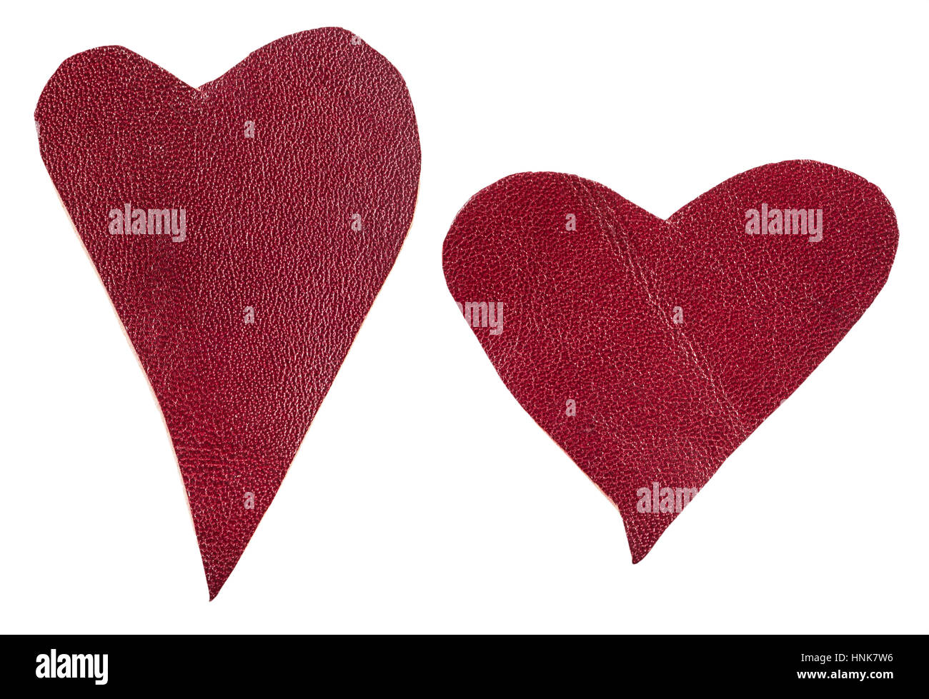 pair of red leather hearts isolated on white background Stock Photo