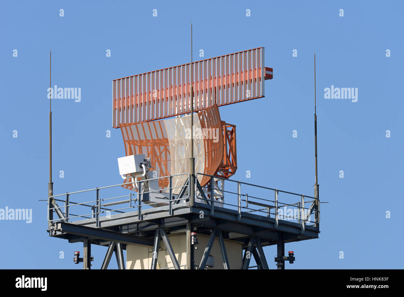 A radar antenna in operation at London Heathrow Airport. Space for copy