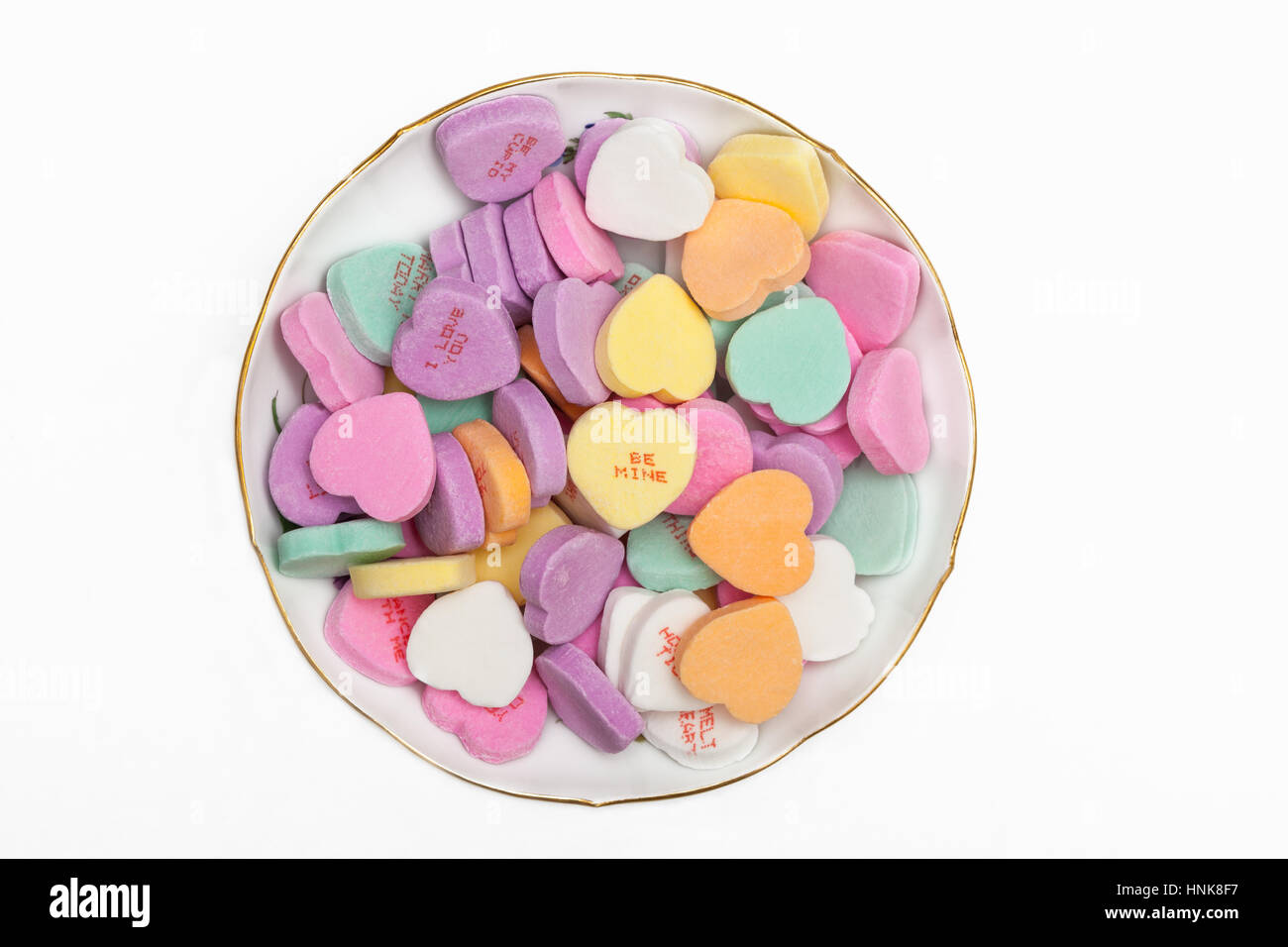 Heart shaped candies in a dish Stock Photo