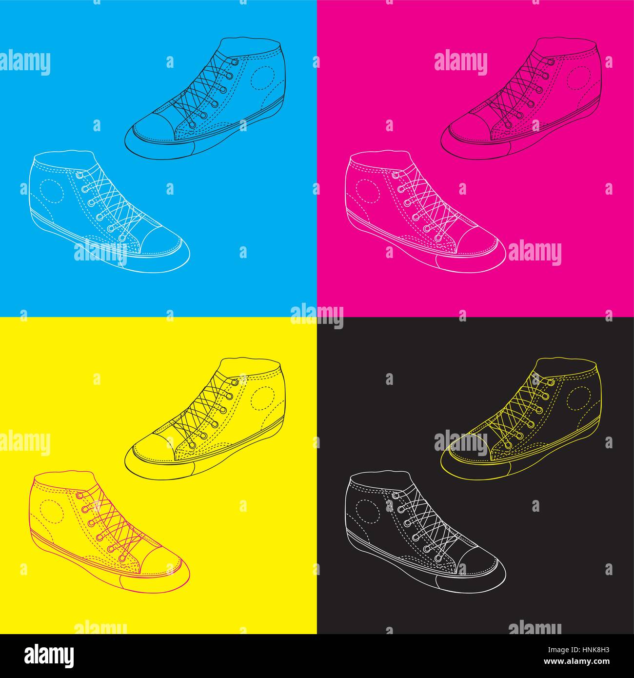 Classic sneaker sketched. Vector, fully editable. Set of sport shoes or sneakers icons in different views. Footwear and lace, clothing and street styl Stock Vector