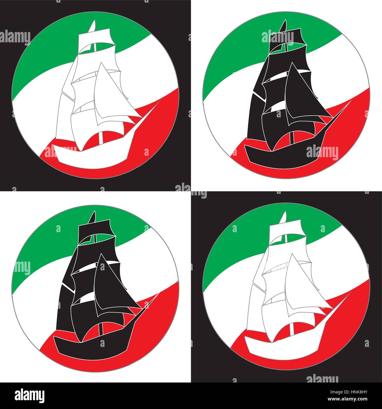 Vintage Ship Logo Sailing Boat design vector template. Ancient Pirate Sailboat Logotype silhouette concept icon. On the background of flags of Italy Stock Vector