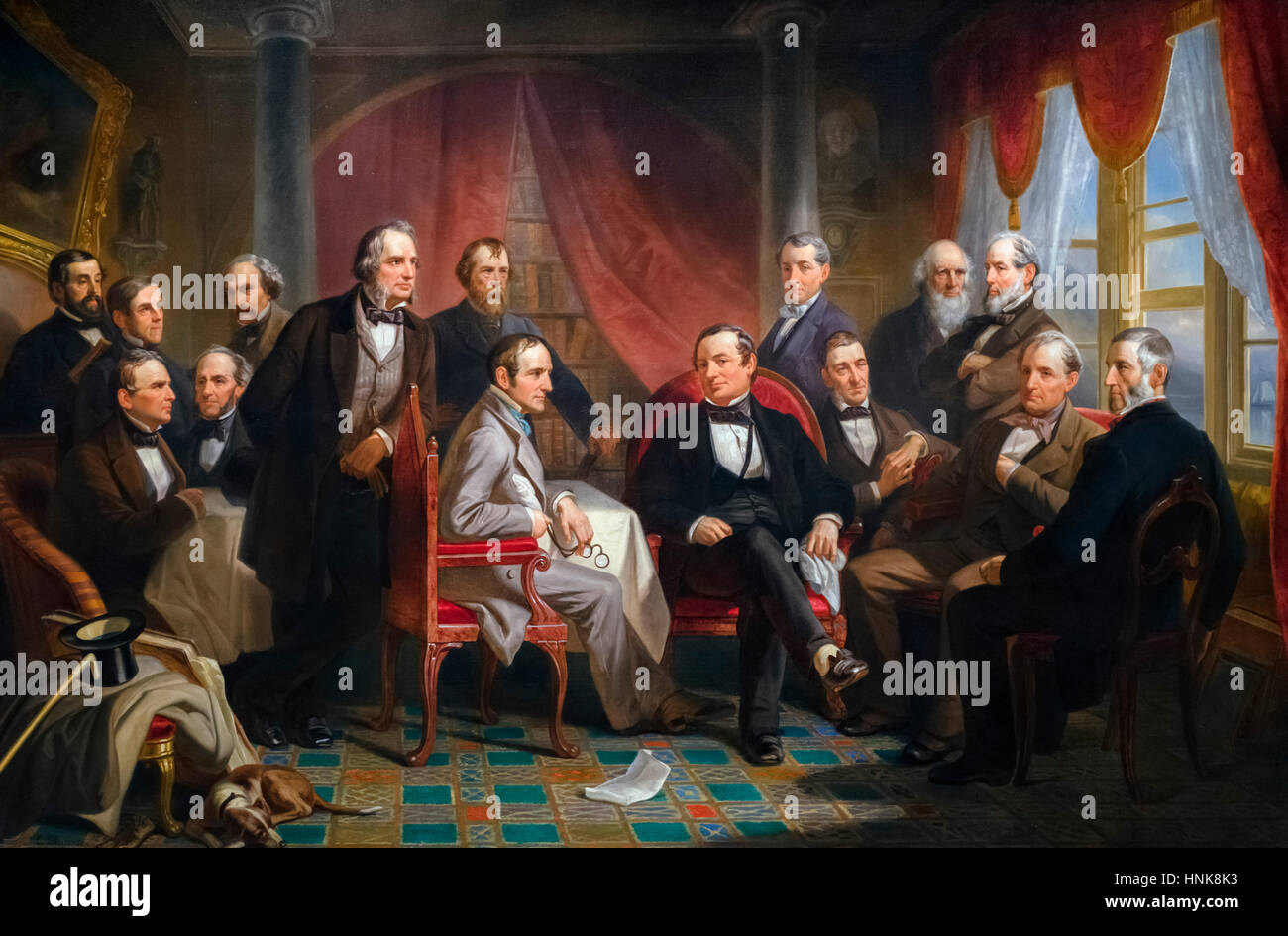 Washington Irving and his Literary Friends at Sunnyside by Christian Schussele after a design by Felix Darley, oil on canvas, 1864. The painting shows an imagined gathering of the leading literary figures of the age. Stock Photo