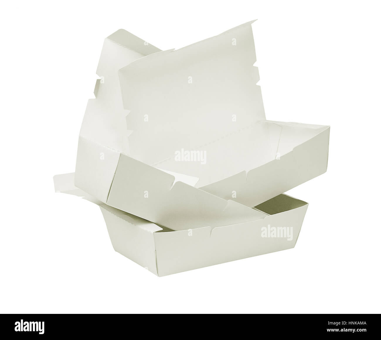 Stack of Open Takeaway Boxes on White Background Stock Photo