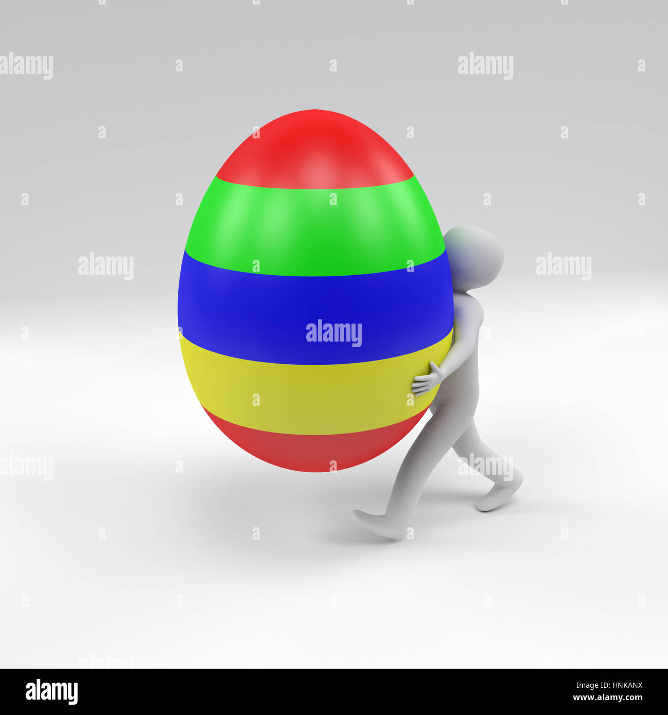 going 3d man hold the big colorful easter egg, 3d rendering Stock Photo