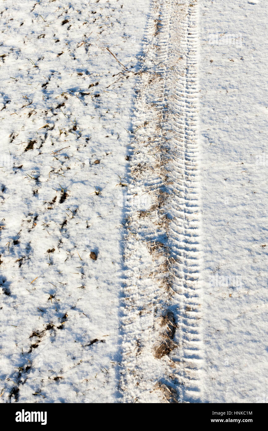 Snow with traces of car Stock Photo - Alamy