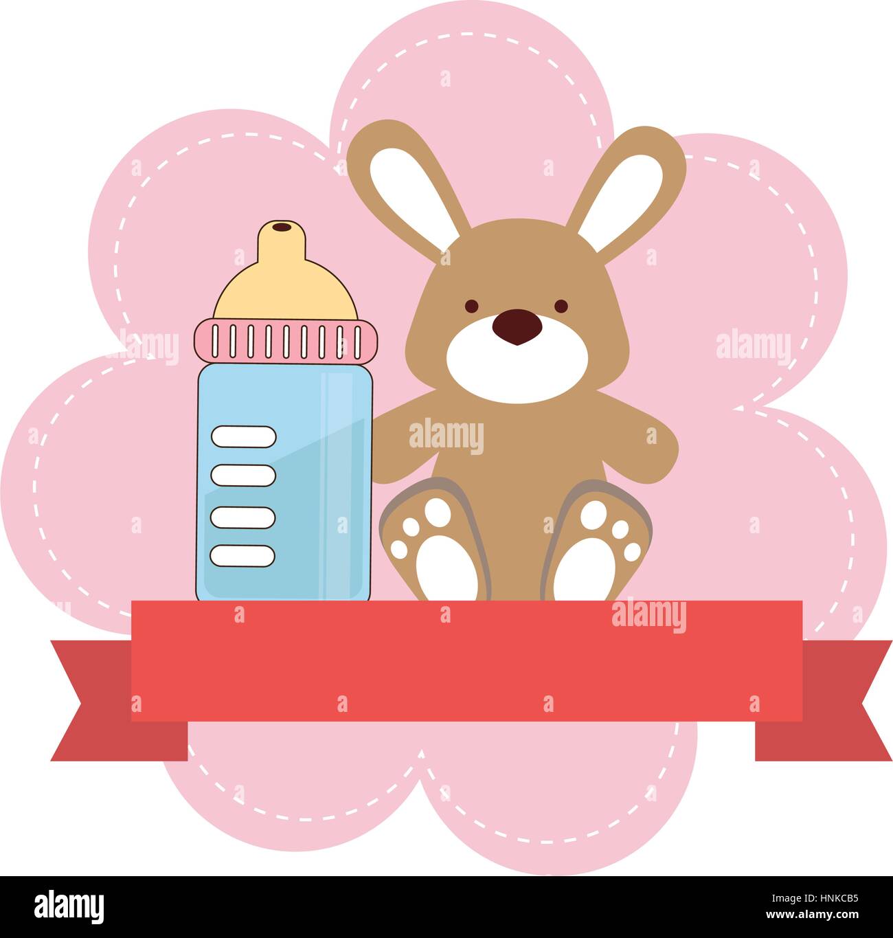 color background with ribbon and bunny toy with baby bottle vector ...