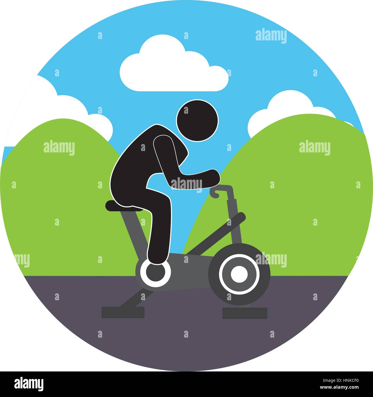 colorful circular landscape with man in spinning bike vector illustration Stock Vector