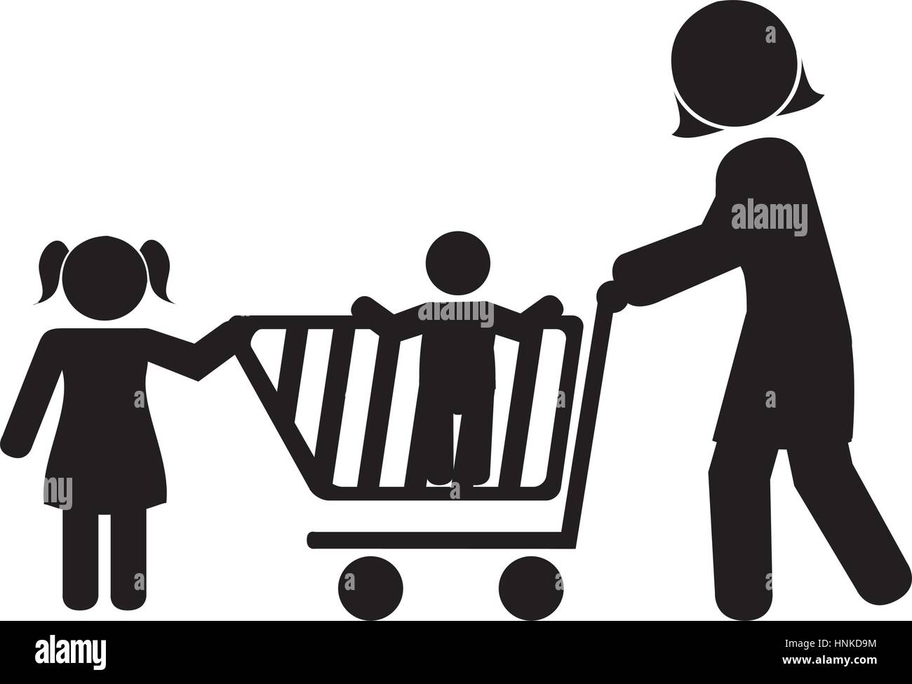 monochrome pictogram with mom and kids and shopping cart vector