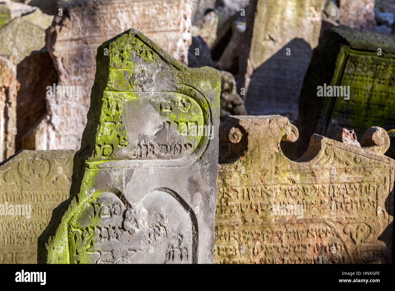Tombstone, Prague Jewish cemetery, Jewish Quarter, Prague Old Town Czech Republic, Europe Stock Photo