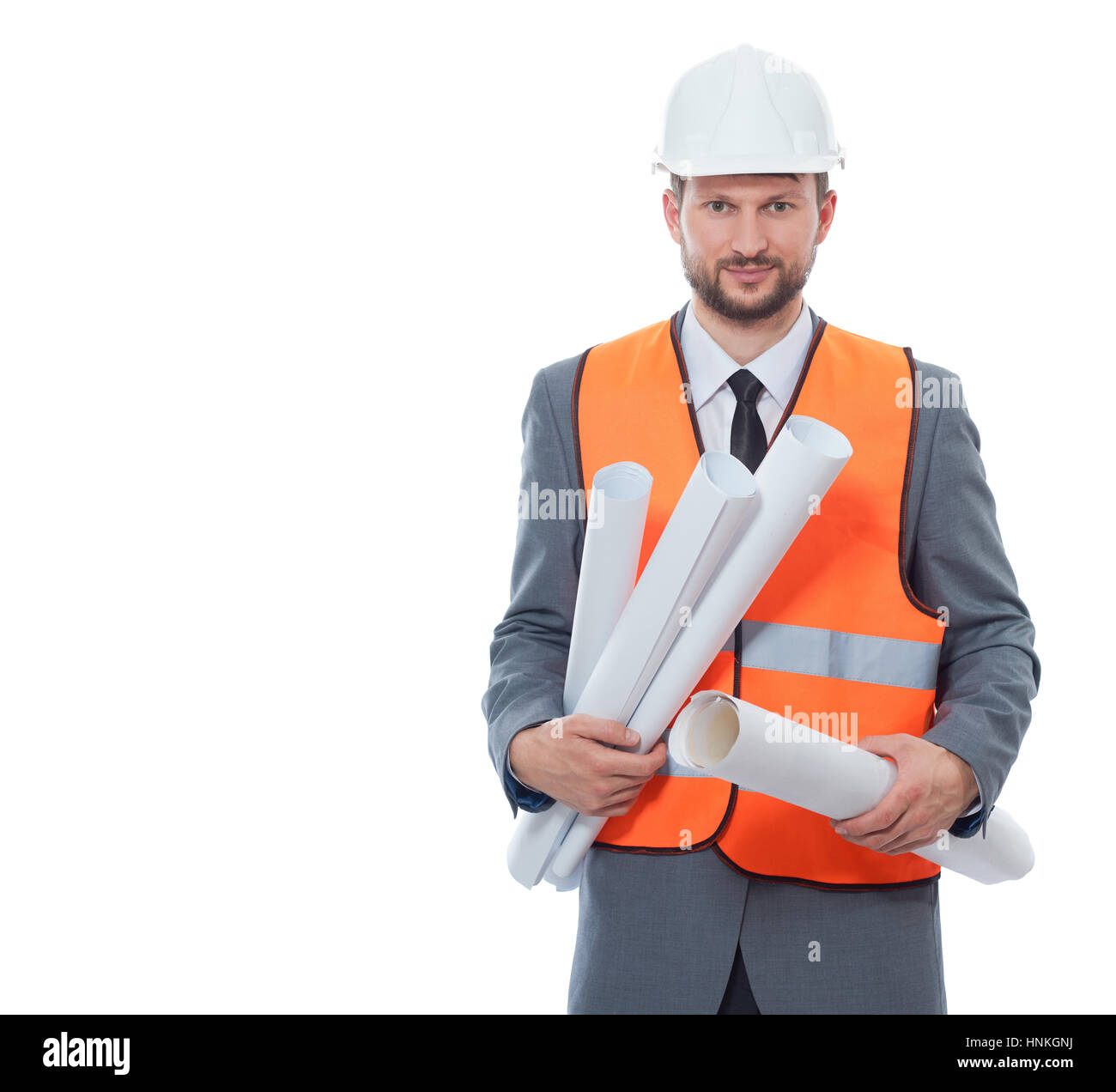 Architect in orange vest holding may paper drawing plans Stock Photo
