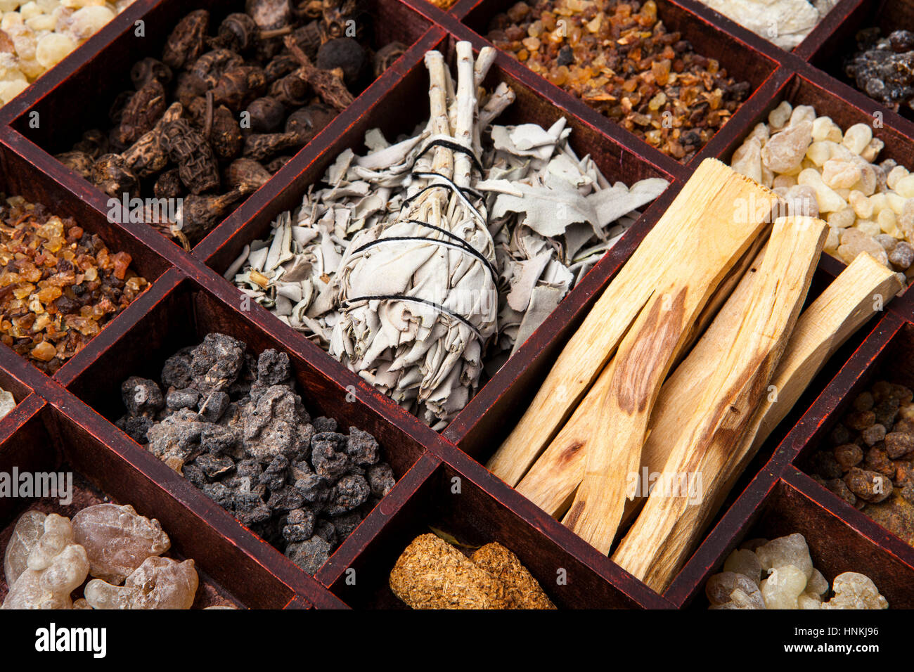 Various kinds of incense: myrrh, frankincense, messer, copaiba, elemi camonya, palo santo, salvia apiana,gowe -thiouraye, borena Stock Photo