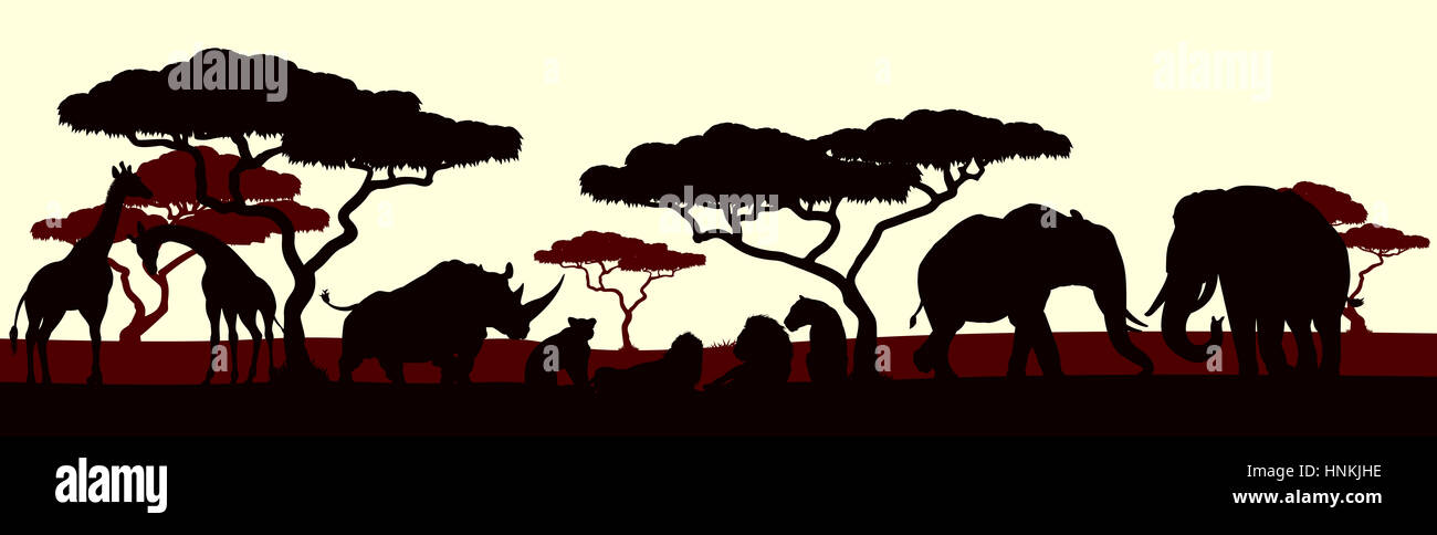An African safari animal silhouette scene landscape Stock Photo - Alamy
