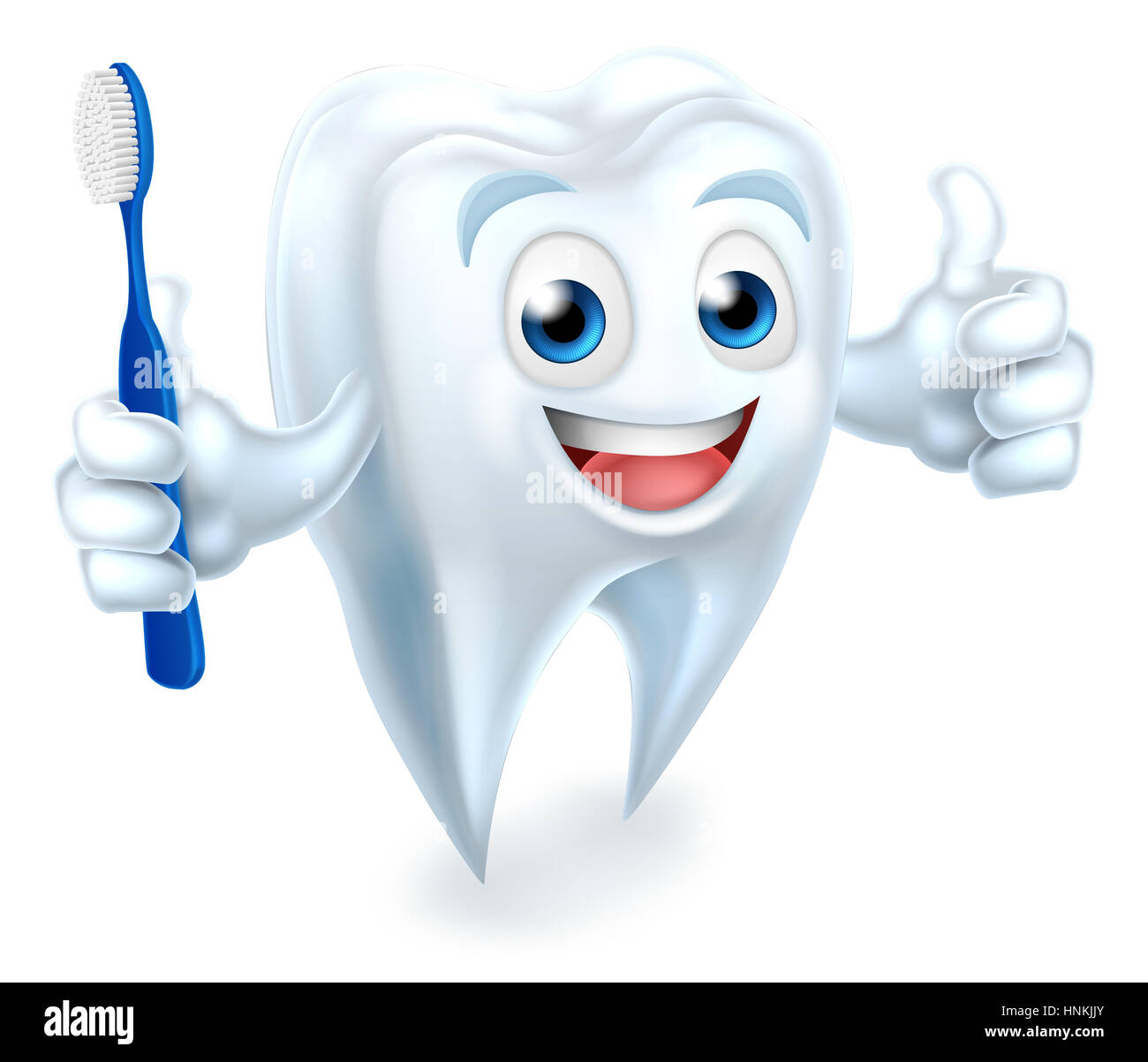 A cartoon cute tooth dental dentists mascot character holding a toothbrush and doing a thumbs up Stock Photo