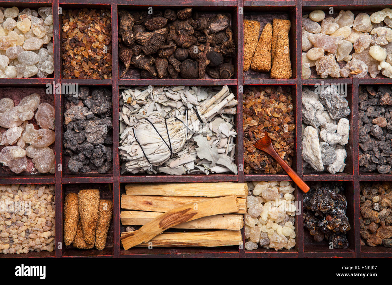 Various kinds of incense: myrrh, frankincense, messer, copaiba, elemi camonya, palo santo, salvia apiana,gowe -thiouraye, borena Stock Photo